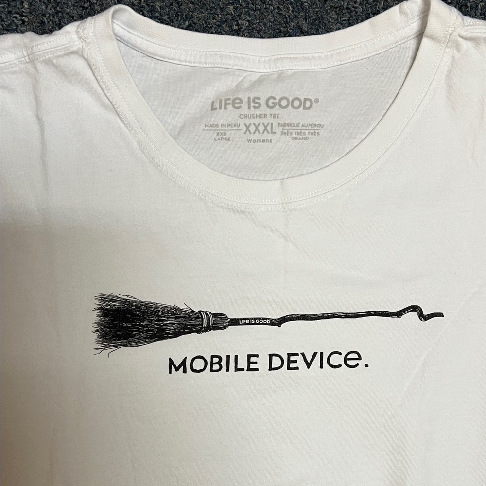 Life Is Good White Tee with Broom Graphic